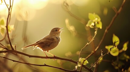 Obraz premium Serene Morning Melody - Small Bird Chirping on Delicate Branch in Natural Light