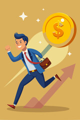 Businessman Chasing High-Performance Dollar Coin, Representing Investors Seeking Rising Star Stocks and Attractive Funds