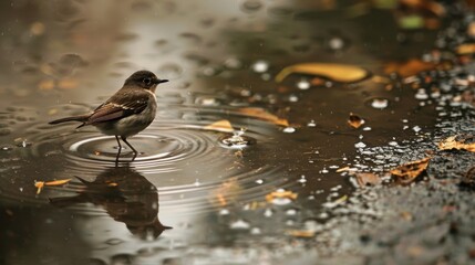 Serene Bird Bathing in Shallow Water Puddle - Tranquil Avian Moment in Nature