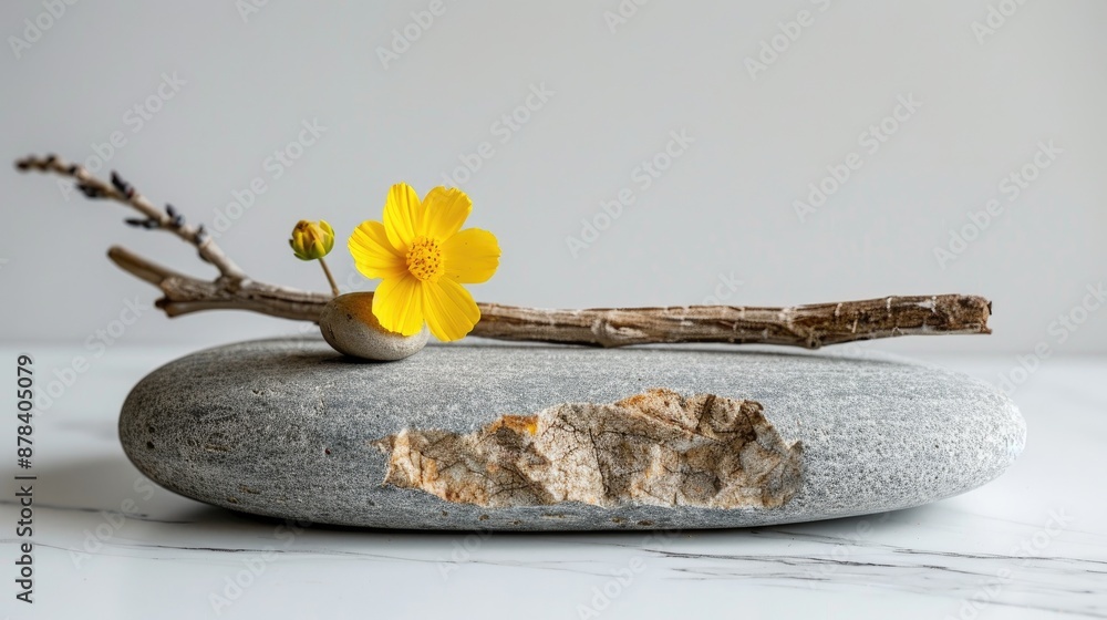 Canvas Prints minimalistic nature background with stone podium driftwood yellow flower rock and branch spa and bea