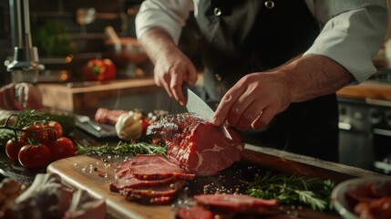 A photographic style of a chef, expertly slicing luxurious Wagyu ham, close-up view