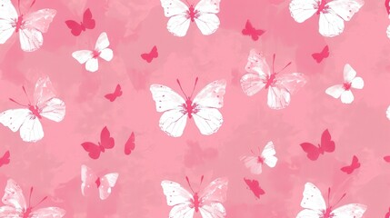An abstract background with a pattern of pink butterflies of varying shades, evoking a sense of delicacy, transformation, and whimsical beauty.