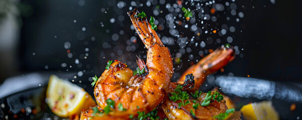 Grilled king prawns with a smoky char, flying in mid-air with a splash of garlic butter and a sprinkle of chopped parsley, lemon wedges adding a zesty flair.