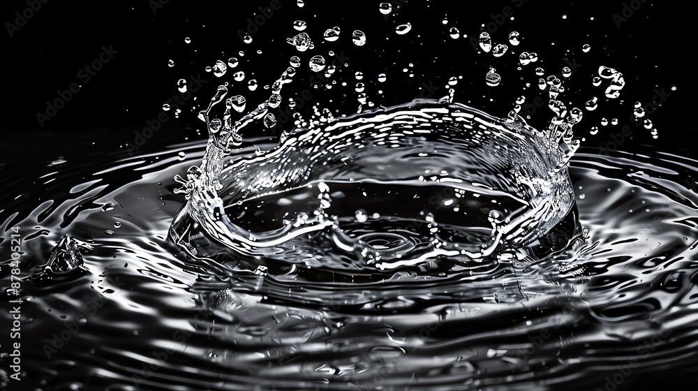 Poster close-up of a water splash creating ripples in a dark background, capturing the dynamic and fluid na
