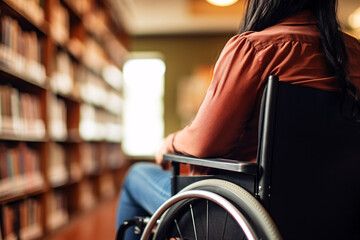 Obraz premium Back view of woman in wheelchair with blurry college or university library in background