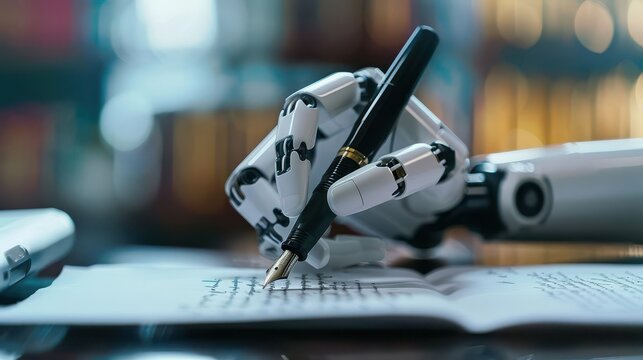 advanced ai assistant crafting handwritten responses with elegant calligraphy robotic arm wields a fountain pen blending technology and artistry