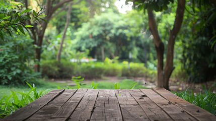 Wooden planks in a lush green forest setting.