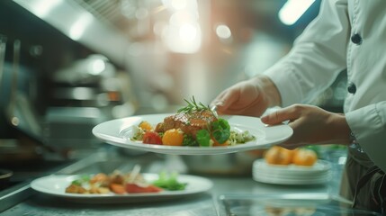 Naklejka premium A photographic style of a chef, presenting a luxurious dish, close-up view