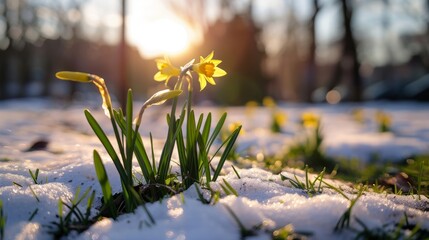 Yellow daffodils bloom in the snow, a symbol of spring's arrival.  The sun shines brightly in the background.