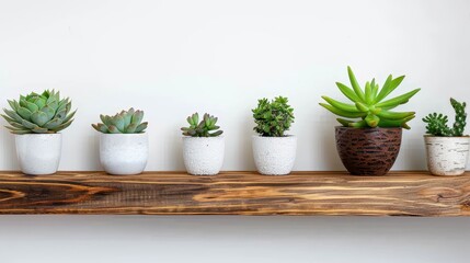 Six different small potted succulent plants are neatly arranged on a wooden shelf, showcasing their unique shapes and sizes against a plain white background.