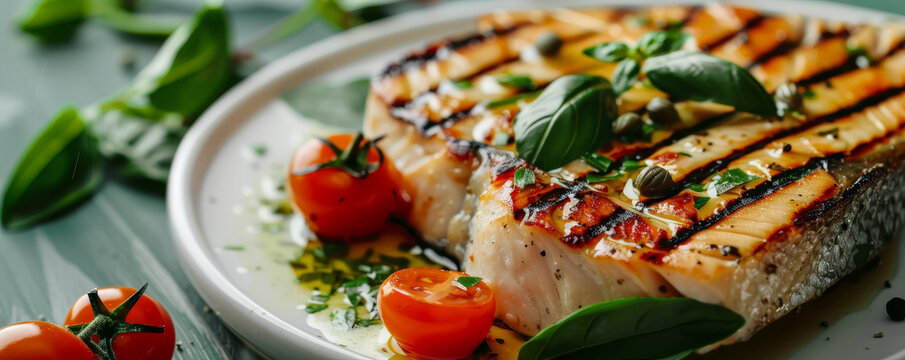 Perfectly grilled swordfish steaks with grill marks, with a caper and lemon butter sauce, accompanied by cherry tomatoes and fresh basil.
