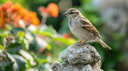 A bird perched on a garden statue