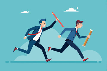 Businessmen Colleagues Passing Baton in Relay Race for Partnership and Teamwork Success