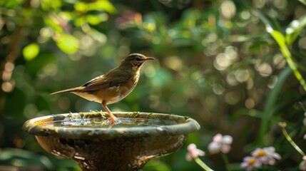 Naklejka premium Tranquil Moment - Graceful Bird Perched on Birdbath Edge