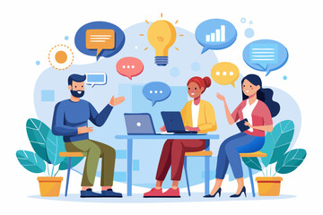 Businesspeople discussing ideas and solutions through chat bubbles, brainstorming for effective communication and problem-solving