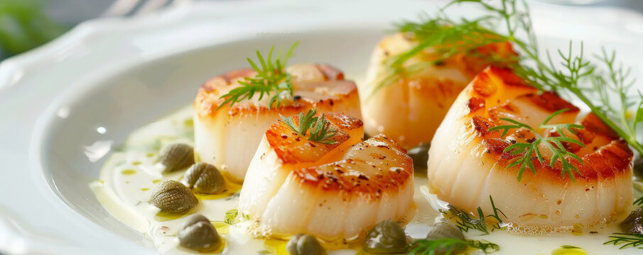 Grilled scallops with a golden-brown sear, floating with a lemon butter sauce, garnished with capers and dill for a delicate seafood dish.