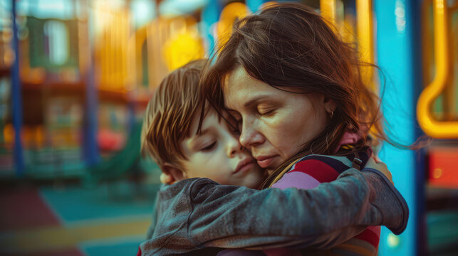 A photographic style of a mother, hugging her child goodbye at school, close-up view