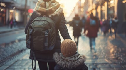 A photographic style of a mother, walking her child to school, close-up view