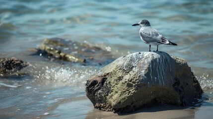 Serene Bird Perched on Coastal Rock - Tranquil Seabird Resting on Pebble at Seashore