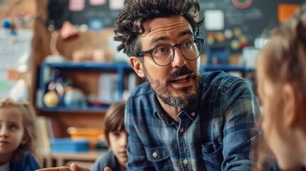 A photographic style of a teacher, explaining a concept to students with enthusiasm, close-up view