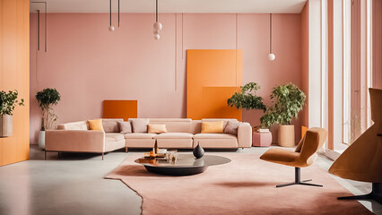 Fototapeta premium Chic and minimalist living room, with clean lines and a monochromatic color scheme, accented by statement lighting and geometric shapes. Sleek Elegance.