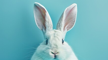 Obraz premium White rabbit ears peeking out on a pastel blue background, perfect for an Easter theme.
