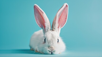 Obraz premium White rabbit ears peeking out on a pastel blue background, perfect for an Easter theme.