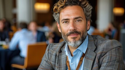 Fototapeta premium Confident man with curly hair and beard wearing a checkered blazer, sitting in a modern office setting with a blurred background of colleagues.