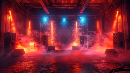 Empty stage with lighting and smoke effects is waiting for the band