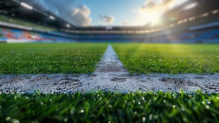 A neutral stadium midfield line, perfectly centered, on a well-maintained green field. Sports venue concept.