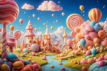 Sugar-Coated Dreams. Enchanting Candyland Wonderland with Lollipops, Gumdrops, palace and Candy Canes. Indulge in the Magic of Candyland - Where Every Sweet Craving Comes to Life