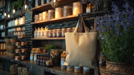 Reusable canvas tote bag hanging in sustainable store