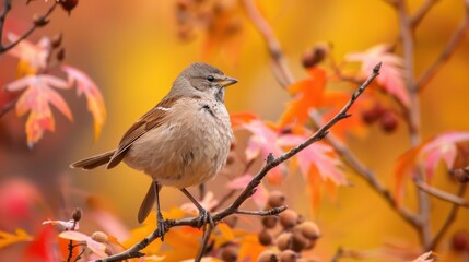 Serene Bird Perched on Twig with Vibrant Autumn Leaves Background