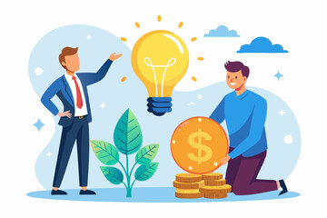 Crowdfunding concept with businessman giving coin to light bulb, representing venture capital support for startups and new business ideas