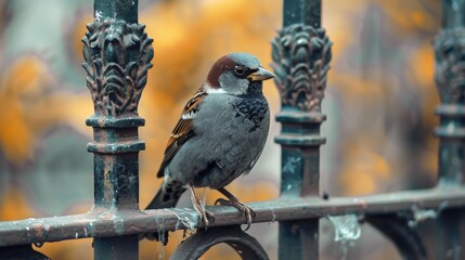 Fototapeta premium Majestic Bird Resting on Rustic Metal Gate in Peaceful Setting