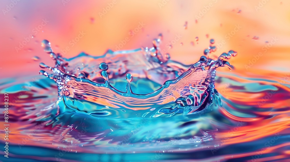 Poster close-up of a water splash with vibrant, multicolored reflections creating a dynamic and artistic sc