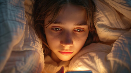 A teenager on his phone while lying in bed. Gadgets in bed before bedtime - Social media and gaming addiction.