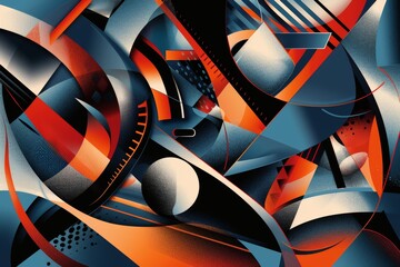 An abstract painting featuring a fusion of geometric shapes and various colors
