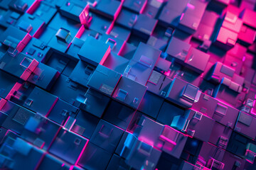 Modern pink and blue abstract 3D background with squares, textured geometric backdrop for digital projects. Geometric shapes overlap. Futuristic neon grid. Vibrant electric colors on dark canvas.  