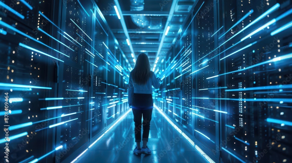 Aufkleber confident female it specialist in a futuristic data center interacting with holographic displays and