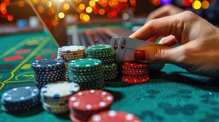 A close-up image showing a hand holding a pair of aces in a poker game, accompanied by variously colored poker chips stacked on a green casino table, under vibrant lights.