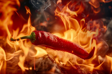 Burning spicy red chili pepper with flames 