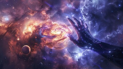 Obraz premium cosmic creation scene with divine hand emerging from swirling nebula planets and stars forming amidst celestial light