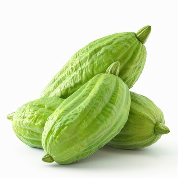 A vibrant collection of fresh, photorealistic chayote gourds with light green skin.