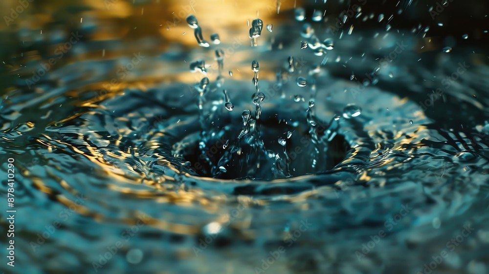 Poster close-up of multiple water droplets creating a ripple effect on a water surface, with vibrant reflec