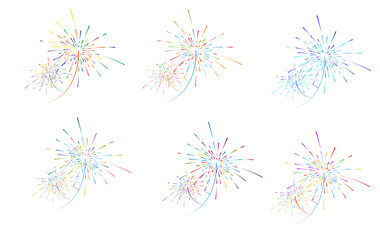 Fireworks with different shades and colors isolated on transparent background.