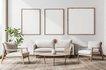 In this modern, white minimalist interior layout, there is a white sofa with space for posters to be pasted on it. The image is of high quality.