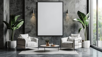 Contemporary interior design with a blank wall for mock-up, featuring stylish furniture and minimalist decor.