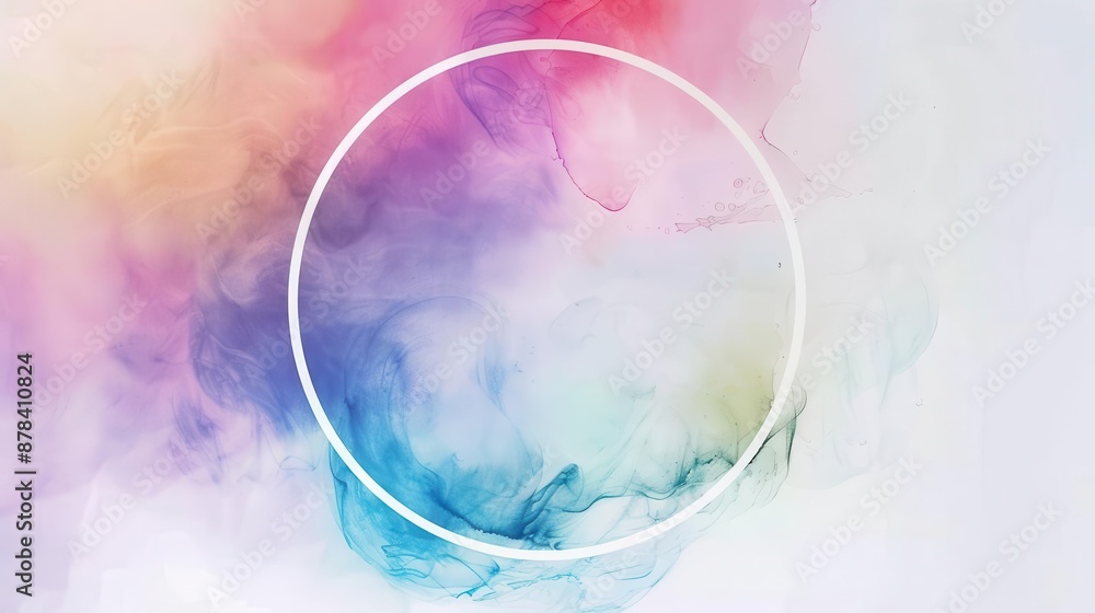 Poster delicate circular frame adorned with a vibrant rainbow watercolor effect soft blending hues create a