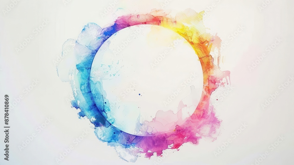 Poster delicate circular frame adorned with a vibrant rainbow watercolor effect soft blending hues create a